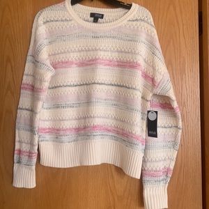 Long sleeve crew neck sweater by a.n.a.  Size L.  Ivory with pink, blue, purple